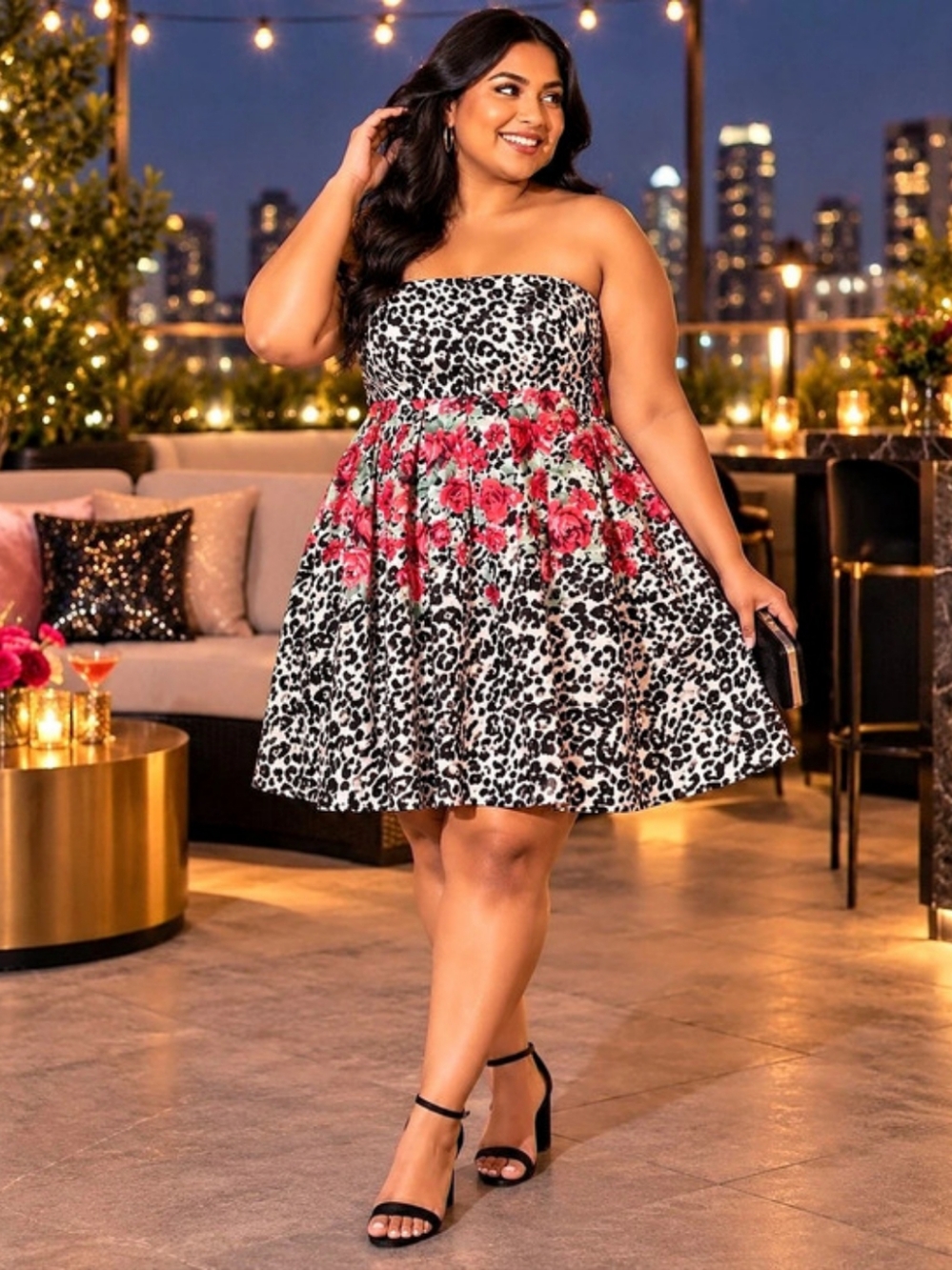 Strapless Floral Animal Print Mini Dress